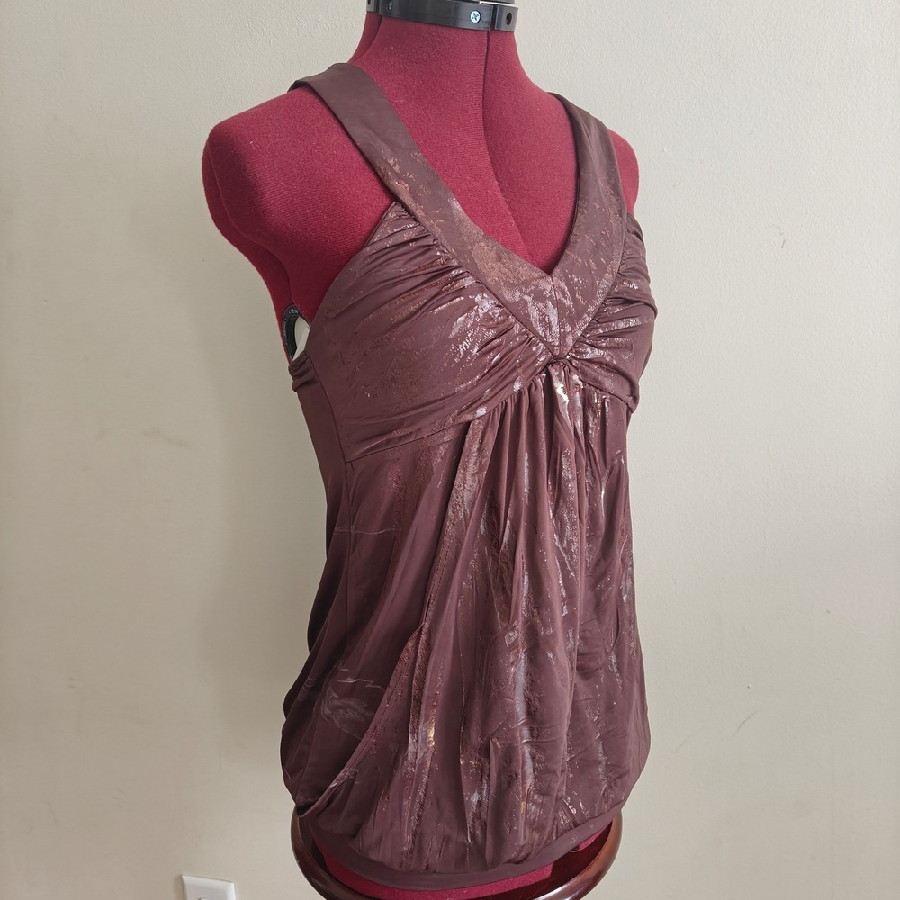 Voice Womens Y2K Tank Top Brown Gold 2000's Ruched Racerback pocket‎ Size Large